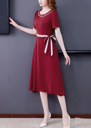 Women Mulberry O-Neck Tie Waist Exra Large Hem Silk Long Dress Short Sleeve