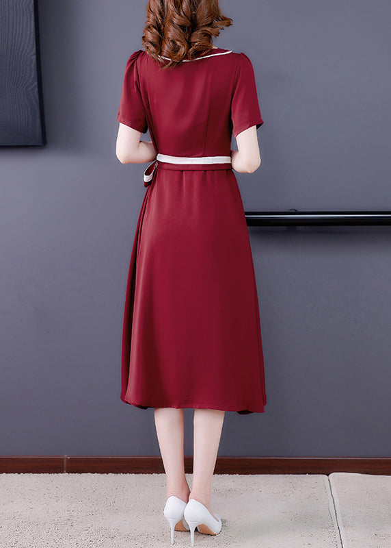 Women Mulberry O-Neck Tie Waist Exra Large Hem Silk Long Dress Short Sleeve