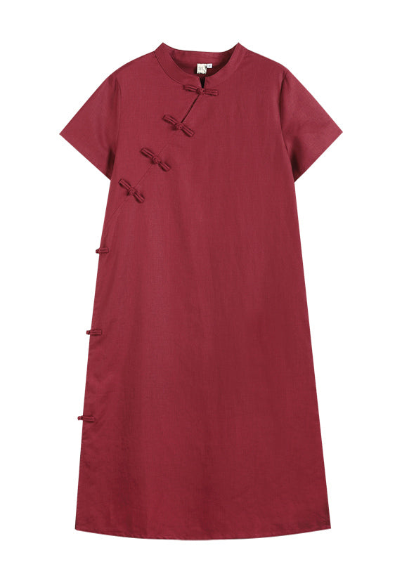 Women Mulberry Solid Mandarin Collar Oriental Button Side Open Cotton Linen Dresses Short Sleeve