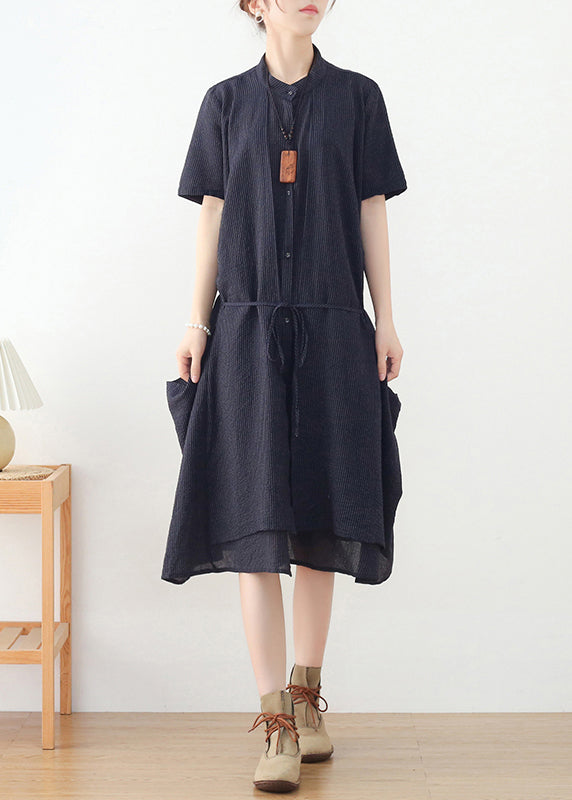 Women Navy Asymmetrical Design Button Linen Dress Short Sleeve