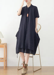 Women Navy Asymmetrical Design Button Linen Dress Short Sleeve