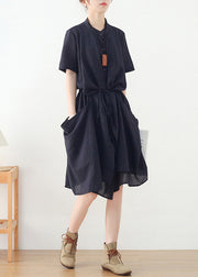 Women Navy Asymmetrical Design Button Linen Dress Short Sleeve