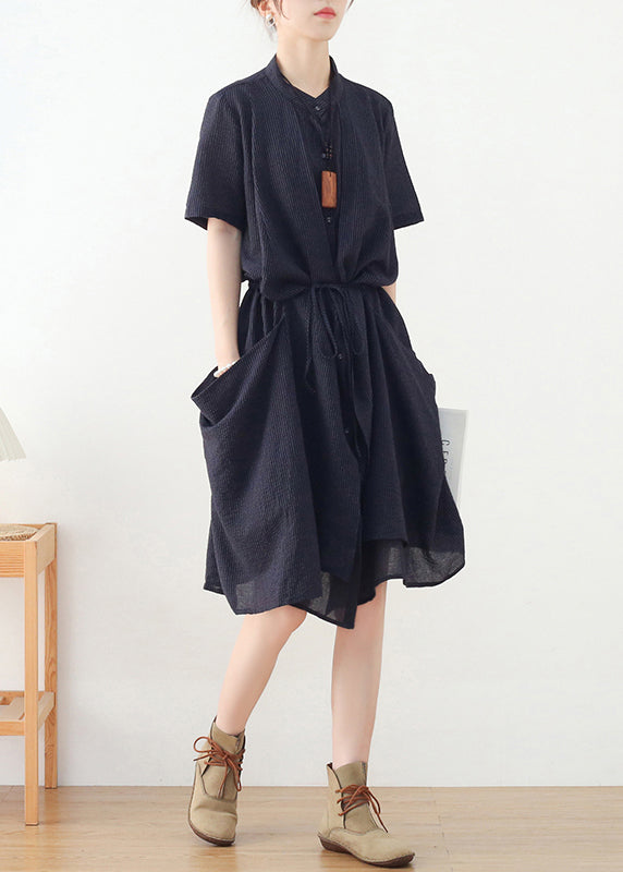 Damen Navy Asymmetrisches Design Button Leinenkleid Kurzarm