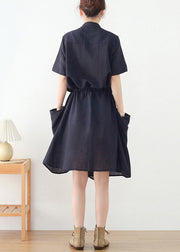 Women Navy Asymmetrical Design Button Linen Dress Short Sleeve