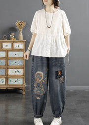 Women Navy Embroidered Applique Denim Harem Pants Winter