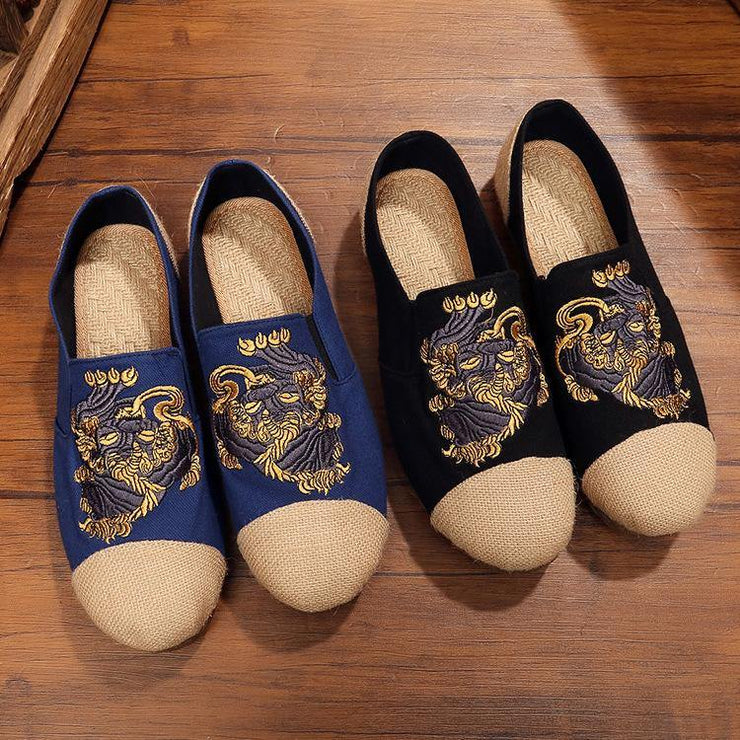 Women Navy Embroideried Splicing Flat Shoes Cotton Linen Fabric - bagstylebliss