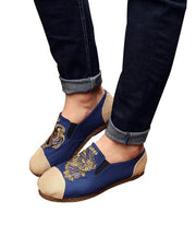 Women Navy Embroideried Splicing Flat Shoes Cotton Linen Fabric - bagstylebliss