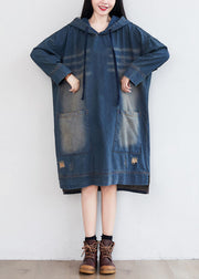 Women Navy Hooded Pockets Patchwork Denim Dresses Spring