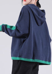 Women Navy Hooded Pockets Warm Fleece Sweatshirts Top Winter