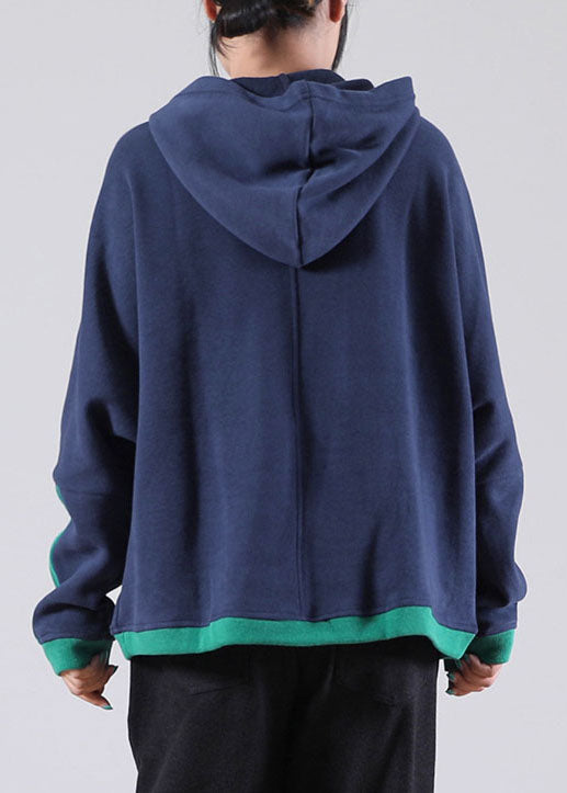 Women Navy Hooded Pockets Warm Fleece Sweatshirts Top Winter