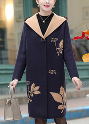 Women Navy Jacquard Zircon Hooded Woolen Coat Spring