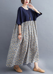 Women Navy O-Neck Print Patchwork Maxi Dresses Half Sleeve