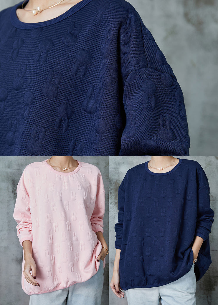 Women Navy Oversized Jacquard Cotton Pullover Sweatshirt Spring