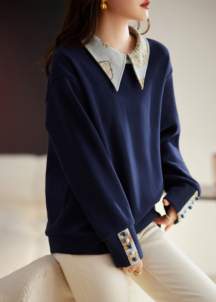 Women Navy Peter Pan Collar Patchwork Warm Fleece Pullover Tops Winter