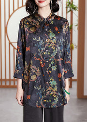 Women Navy Print Button Patchwork Silk Shirt Tops Fall