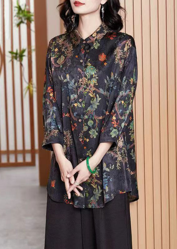 Women Navy Print Button Patchwork Silk Shirt Tops Fall