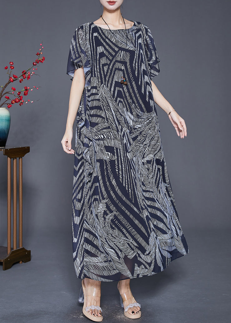 Women Navy Print Exra Large Hem Chiffon Holiday Dress Butterfly Sleeve