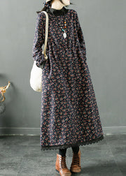 Women Navy Print Lace Up Patchwork Fleece Long Dress Winter