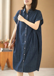 Women Navy Solid Color Peter Pan Collar Button Cotton Denim Dresses Short Sleeve