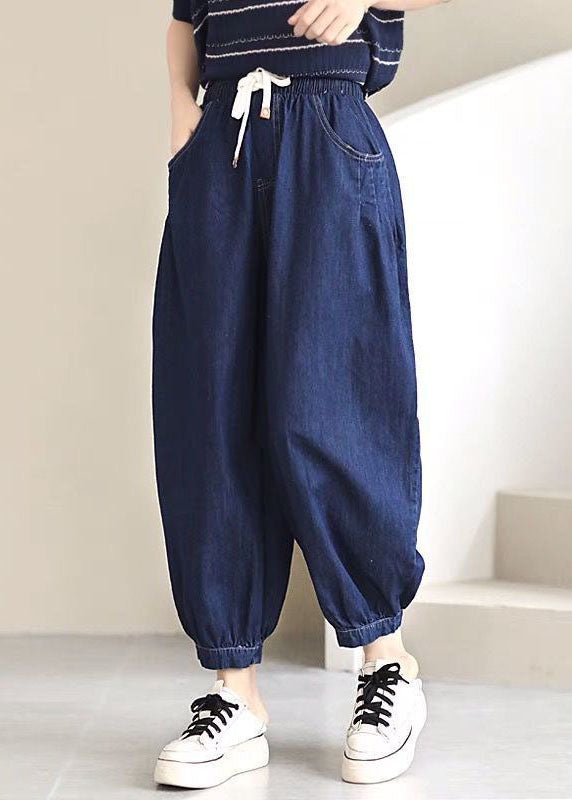 Women Navy Solid Elastic Waist drawstring Pockets Cotton Denim Beam Pants Summer