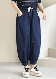 Women Navy Solid Elastic Waist drawstring Pockets Cotton Denim Beam Pants Summer