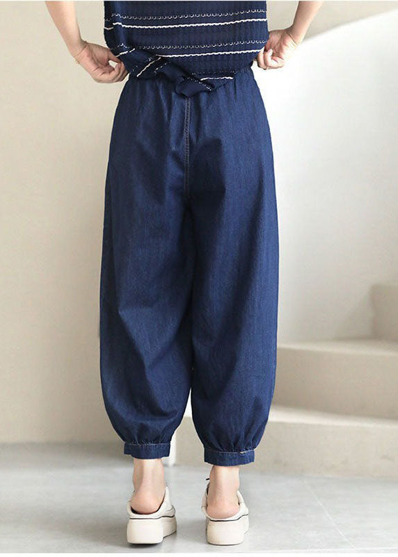 Women Navy Solid Elastic Waist drawstring Pockets Cotton Denim Beam Pants Summer