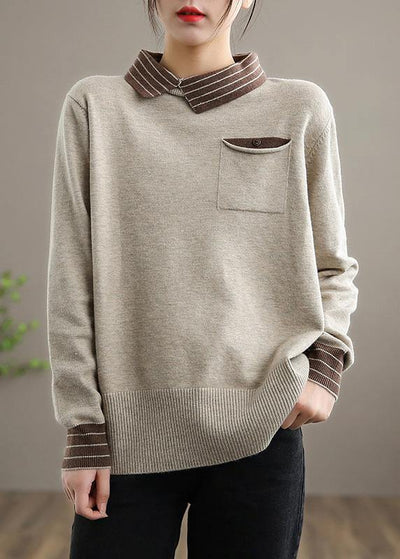 Women Nude Knit Tops Clothing Lapel Patchwork Knit Top Silhouette - bagstylebliss