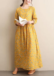 Women O Neck Cinched Dresses Yellow Print Robe Dress - bagstylebliss