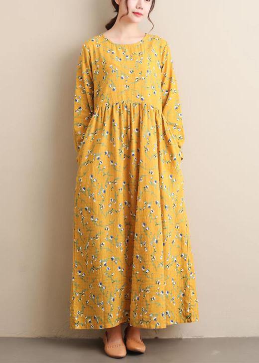 Women O Neck Cinched Dresses Yellow Print Robe Dress - bagstylebliss