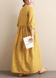 Women O Neck Cinched Dresses Yellow Print Robe Dress - bagstylebliss