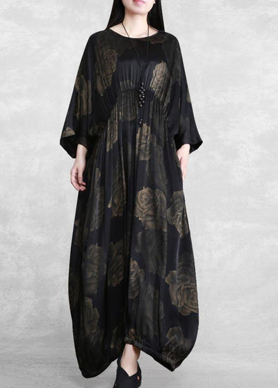 Women O Neck Cinched Spring Dresses Lnspiration Black Print Traveling Dress - bagstylebliss