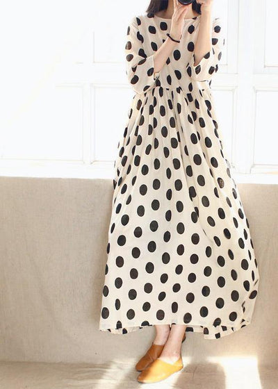 Women O Neck Cinched Wardrobes Design Beige Dotted A Line Dress - bagstylebliss