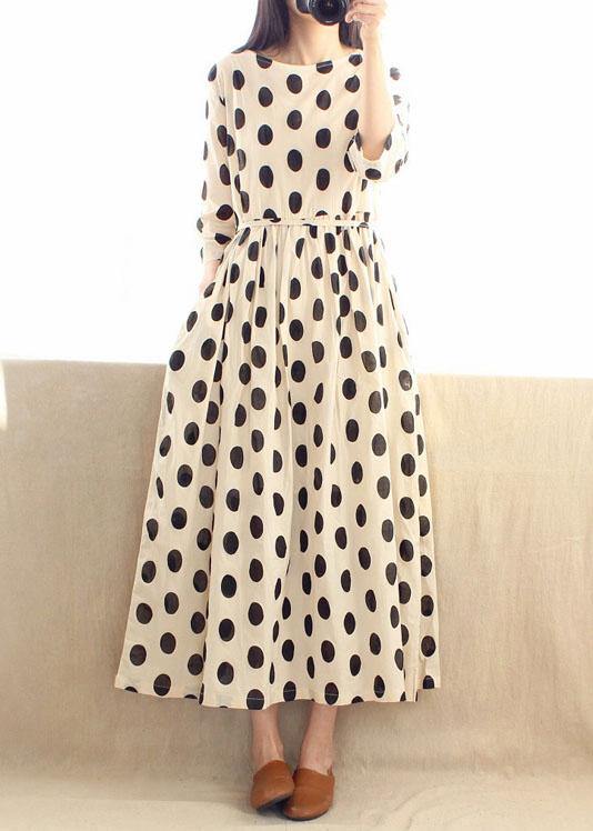 Women O Neck Cinched Wardrobes Design Beige Dotted A Line Dress - bagstylebliss