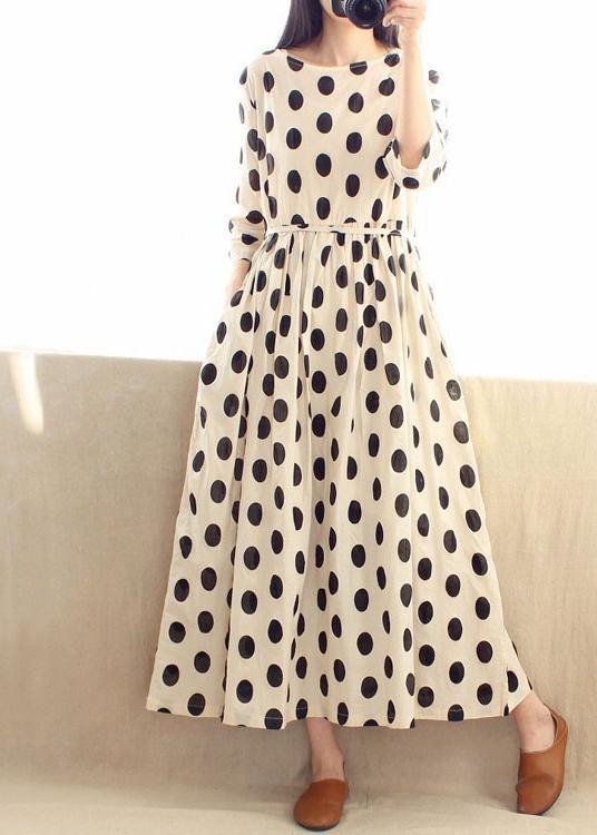 Women O Neck Cinched Wardrobes Design Beige Dotted A Line Dress - bagstylebliss
