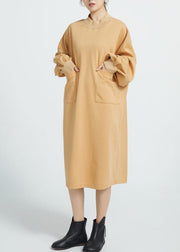 Women O Neck Cotton Spring Dresses Sleeve Camel Color Dresses - bagstylebliss