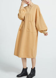 Women O Neck Cotton Spring Dresses Sleeve Camel Color Dresses - bagstylebliss