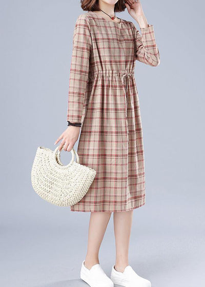 Women O Neck Drawstring Spring Clothes Ideas Nude Plaid Dresses - bagstylebliss