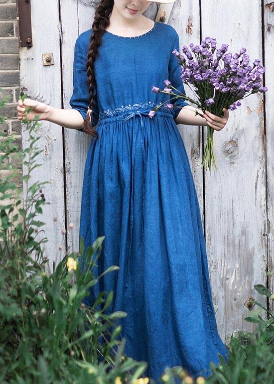 Women O Neck Drawstring Spring Tunic Runway Blue Long Dresses - bagstylebliss