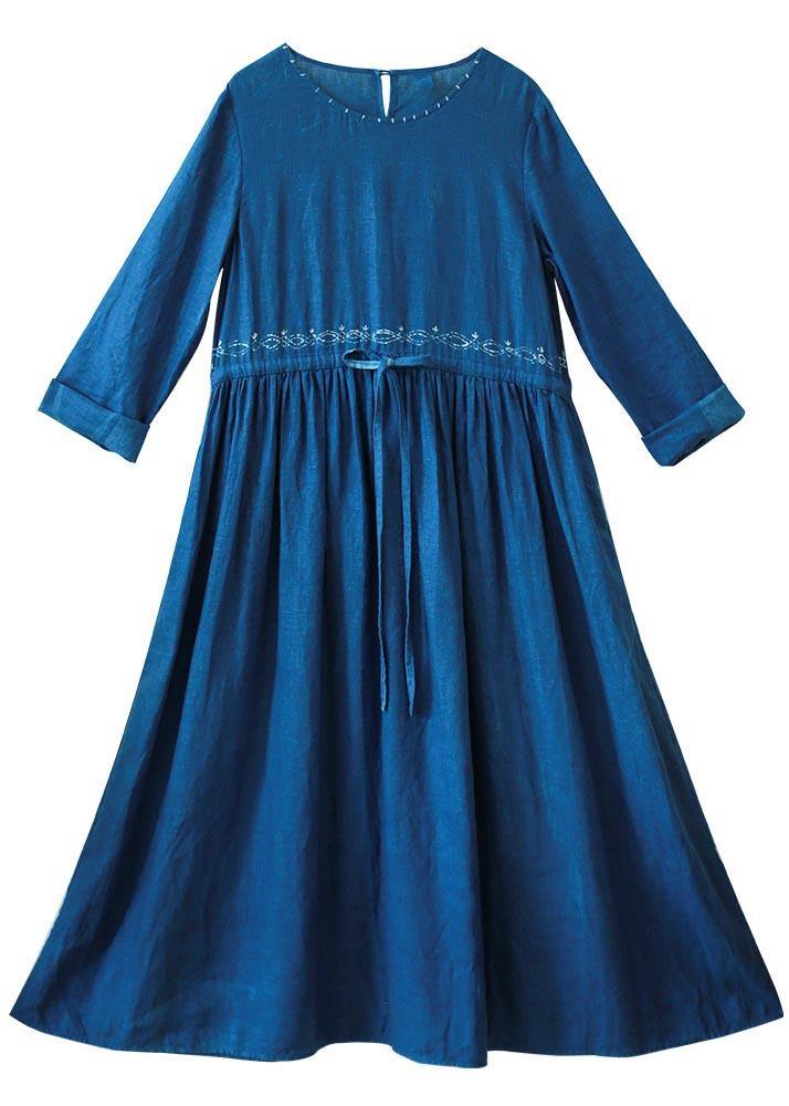 Women O Neck Drawstring Spring Tunic Runway Blue Long Dresses - bagstylebliss