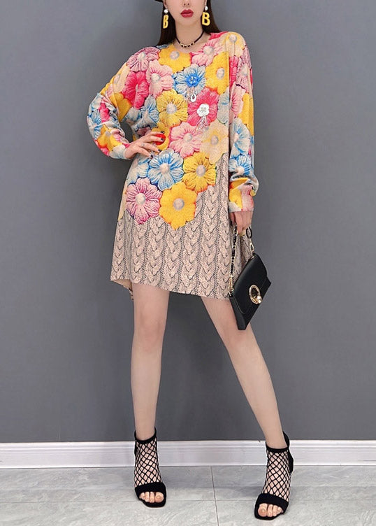 Women O-Neck Floral Print Chiffon Mid Dresses Long Sleeve