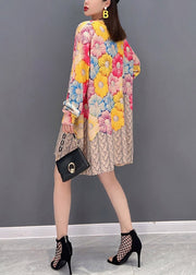 Women O-Neck Floral Print Chiffon Mid Dresses Long Sleeve