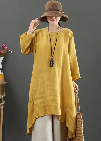 Women O Neck Low High Design Spring Clothes Shirts Yellow Embroidery Art Dress - bagstylebliss