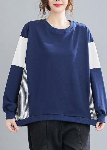 Women O Neck Patchwork Striped Spring Top Silhouette Sewing Blue Blouses - bagstylebliss
