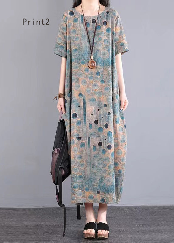 Women O Neck Print Patchwork Cotton Long Dresses Summer