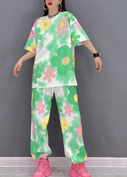 Women O-Neck Print Top And Pants Chiffon Two Piece Set Summer