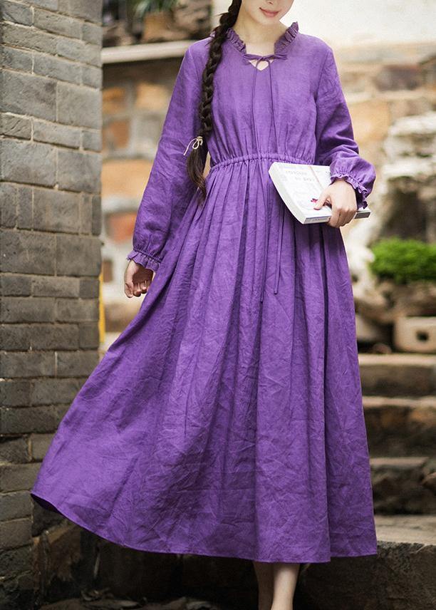 Women O Neck Ruffles Spring Dress Neckline Purple Maxi Dresses - bagstylebliss