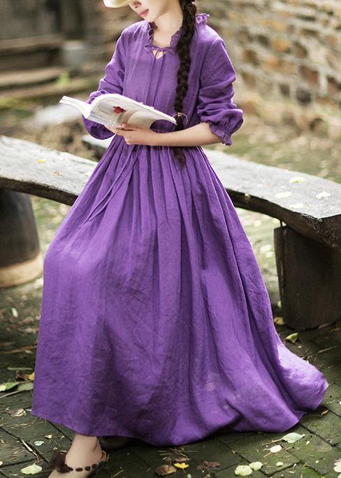 Women O Neck Ruffles Spring Dress Neckline Purple Maxi Dresses - bagstylebliss