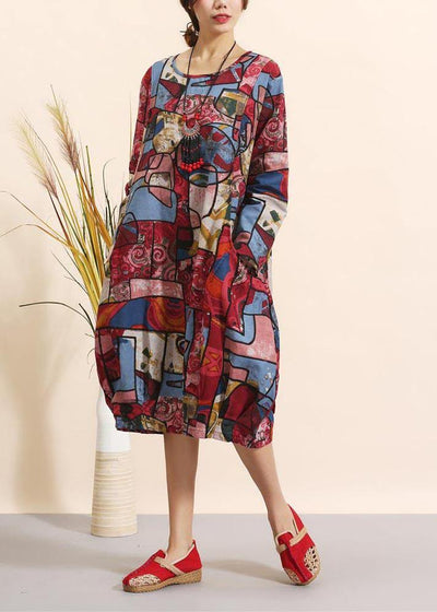 Women O Neck Spring Clothes For Women Pattern Red Geometric Robe Dresses - bagstylebliss