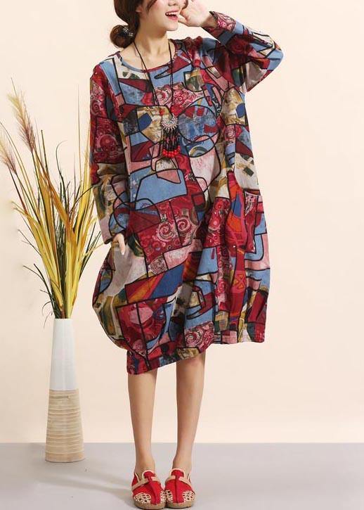 Women O Neck Spring Clothes For Women Pattern Red Geometric Robe Dresses - bagstylebliss