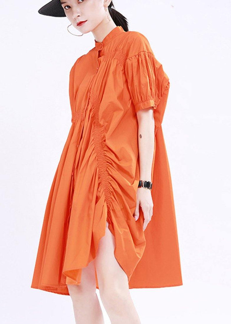 Women Orange Cinched Mid Summer Cotton Dress - bagstylebliss